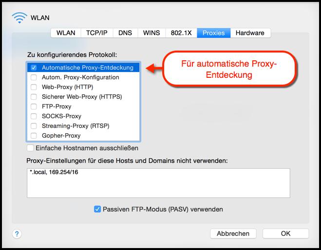 Wählen Sie den Überbegriff Proxies und setzen Sie einen Haken bei Automatische Proxy- Entdeckung.