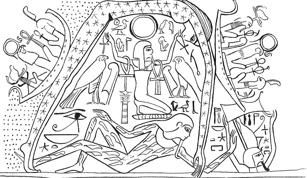 Nut (Himmel), Geb (Erde) und Duat (Totenreich), verkörpert durch Osiris, der das abendliche Sonnenschiff empfängt.