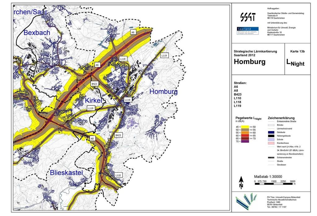 Abbildung 1 Verkehrslärmbelastung Kreisstadt Homburg, Lärmindikator LDEN