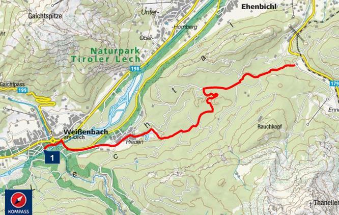 Seite 9/13 BIKEN Bike Trail Tirol Etappe Weissenbach - Reutte TOURDATEN Ort: Ehenbichl Land: Österreich Distanz: 8,3 km Höhenmeter: 162 Hm Schwierigkeit: leicht TOURBESCHREIBUNG Ausgangspunkt/Start: