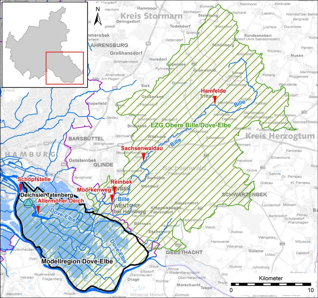 331 Abb. 4: Modellregion Dove-Elbe mit EZG Obere Bille/Dove-Elbe (grün schraffiert), Flächen unterhalb MThw (blau dargestellt), gewässerkundlichen Pegeln und Deichsiel Tatenberg.