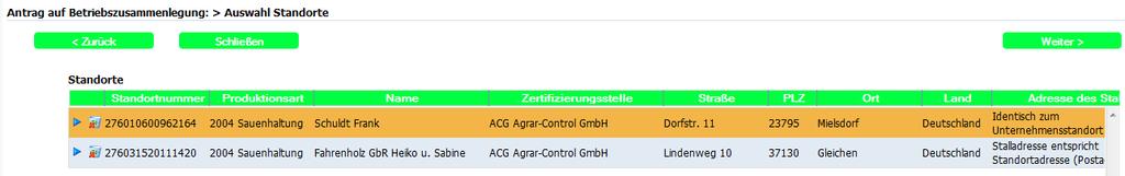 1. Auswahl der Standorte Auswahl der Standorte Wählen Sie zu Beginn die beteiligten Standorte aus. Dazu müssen Sie die einzelnen Standorte über den Button unten in der Listenansicht auswählen.