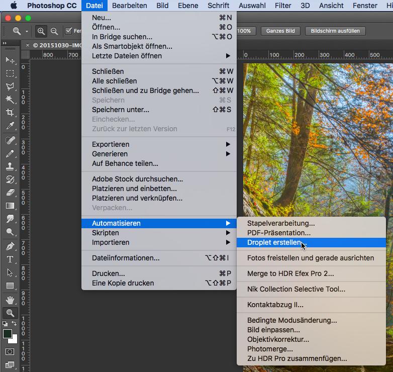 Droplet in Photoshop erzeugen Aktion auswählen Datei -> Automatisieren -> Droplet erstellen Dialog Droplet