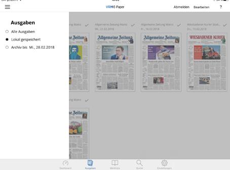 Archiv VRM E-Paper App Klicken Sie auf Ihrem Startbildschirm auf, finden Sie unter Lokal gespeichert oder Gespeicherte Ausgabe Ihr individuelles