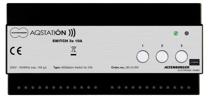 10.1.3 AQStation Switch 3x 10A Bestell-Nr.: 90.10.000 Typ: AQS SWITCH 3X 10A Funktion Der AQStation Switch ist ein LAN/WLAN basiertes Steuergerät mit potentialfreien Relais für drei Kreise.