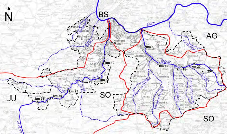 4 Übersicht 13 4 Übersicht 4.1 Bestehende Anlagen und Definition Zielgewässer Der Kanton Basel-Landschaft gliedert sich in 5 Gewässereinzugsgebiete, welche alle in den Rhein münden.