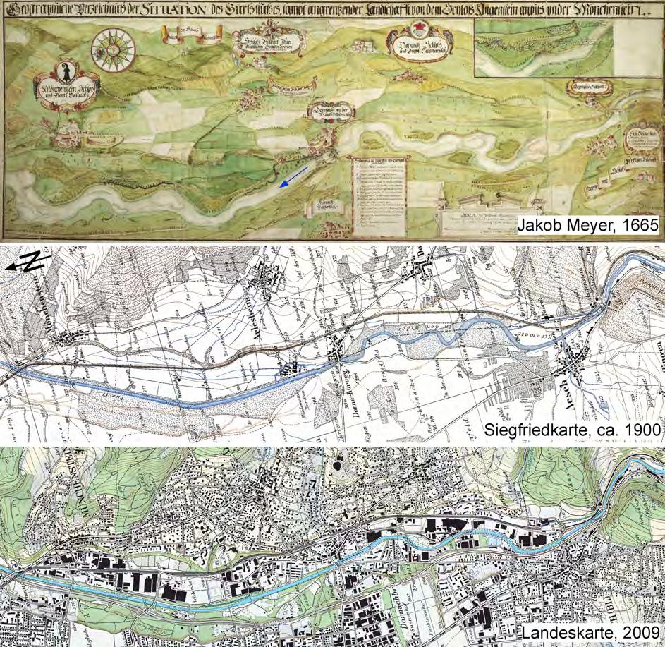 5 Einzugsgebiet Birs 18 Bild 11 Kartenausschnitte der Birs zwischen Schloss Angenstein und Münchenstein von 1665 bis 2009. Massstab 1:45'000 (Karte Jakob Meyer: Staatsarchiv Basel-Landschaft). 5.