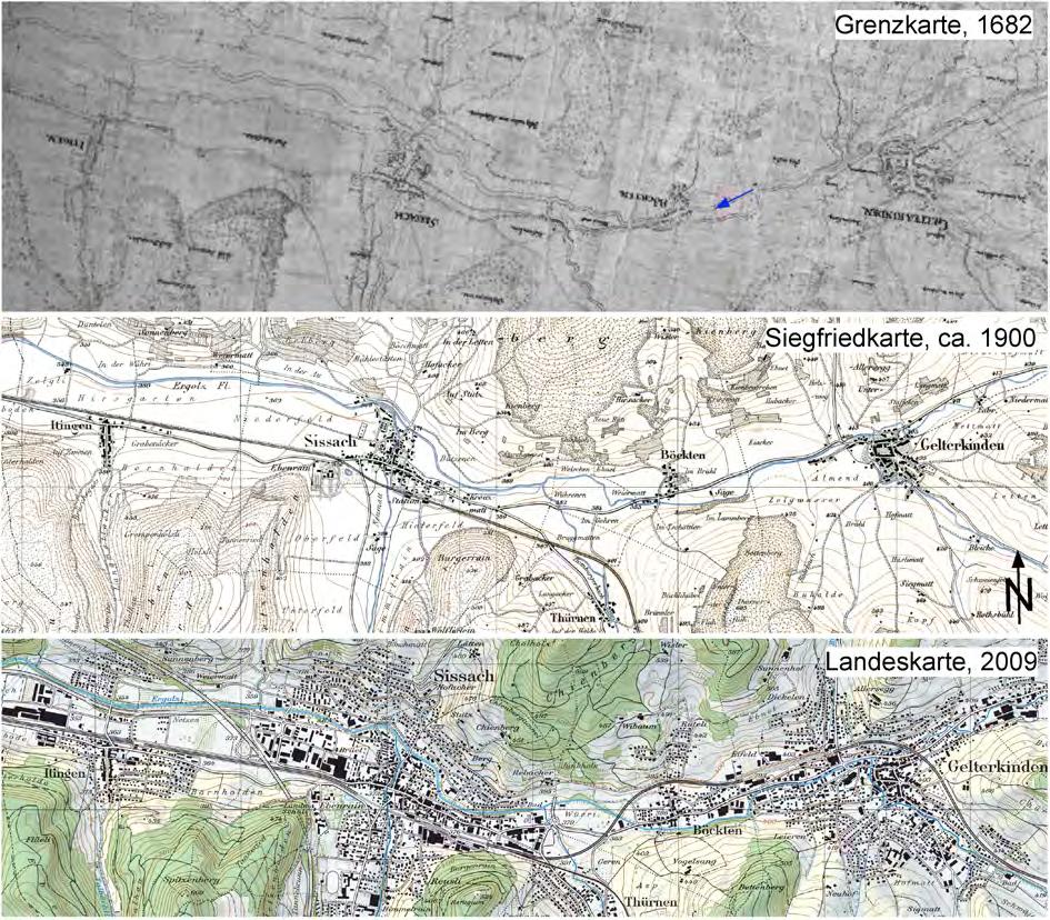 6 Einzugsgebiet Ergolz 44 Bild 31 Kartenausschnitte der Ergolz zwischen Gelterkinden und Itingen von 1682 bis 2009. Massstab 1:45'000 (Grenzkarte: Staatsarchiv Basel-Landschaft). 6.