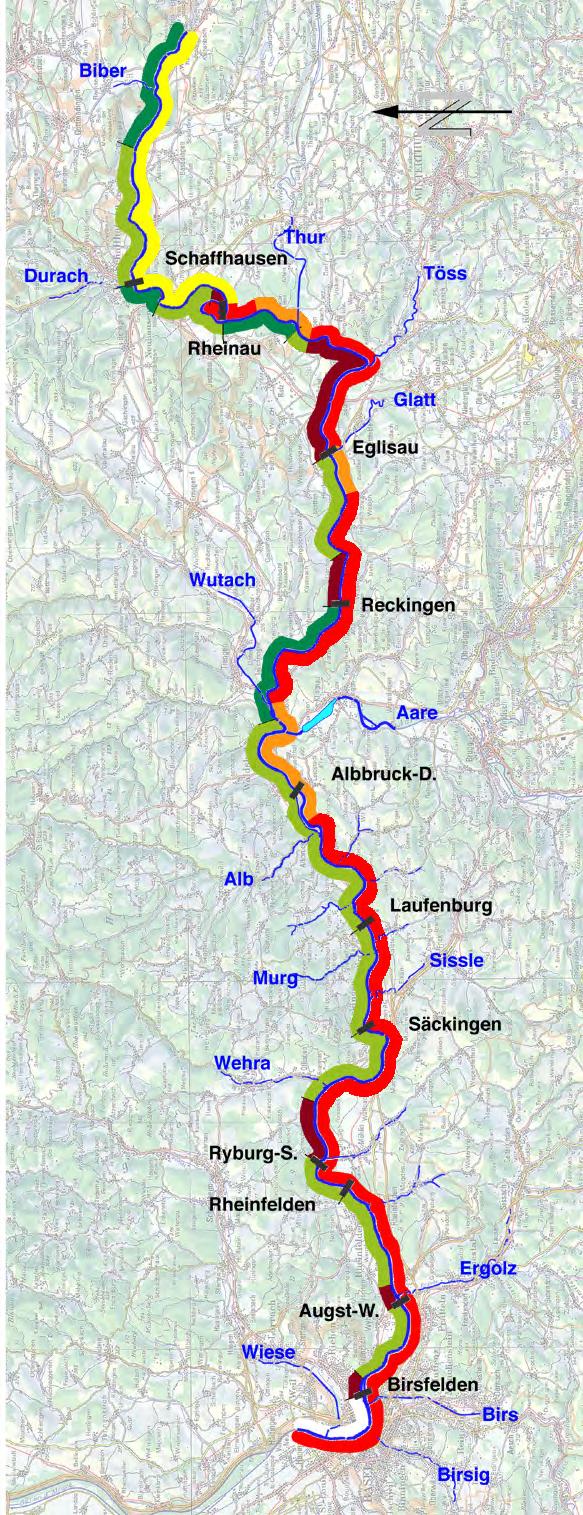 Rechts vom Rhein (in Fliessrichtung) ist die Geschiebetransportkapazität