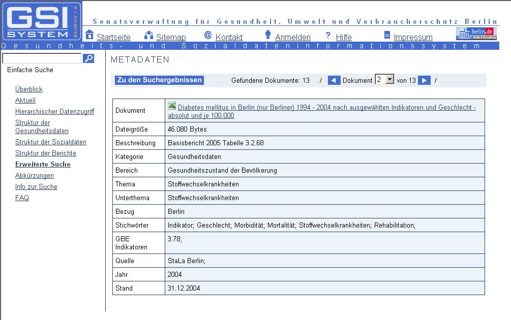 Metadatenanzeige für ein Dokument Dokumentenpaging zurück zur