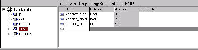 Programmstruktur: OB1 FC10 Der Zählerwert im Word und Int Format sowie das Signal Zählwert_erreicht wird im temporären Speicherbereich (Deklarationsbereich)