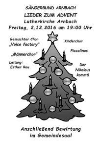 Mit besinnlichen und stimmungsvollen Weihnachtsliedern und gemeinsamem Singen mit den Zuhörern wollen die Chöre des Sängerbunds Arnbach auf die Weihnachtszeit einstimmen und Freude bereiten.