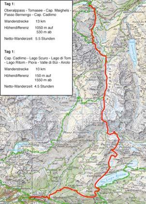 Unsere Route verläuft am ersten Tag vom Oberalppass auf einer nahezu direkten Nordsüd-Linie, wobei der Alpenkamm auf dem Bornengopas (2631 m) überschritten wird.