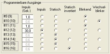 Konfiguration der programmierbaren Ausgänge (#9 - #16): Hier werden die Eingänge #9 - #16 konfiguriert. Für jeden der 8 Ausgänge kann eine separate Impuls/Blinkzeit eingestellt werden.