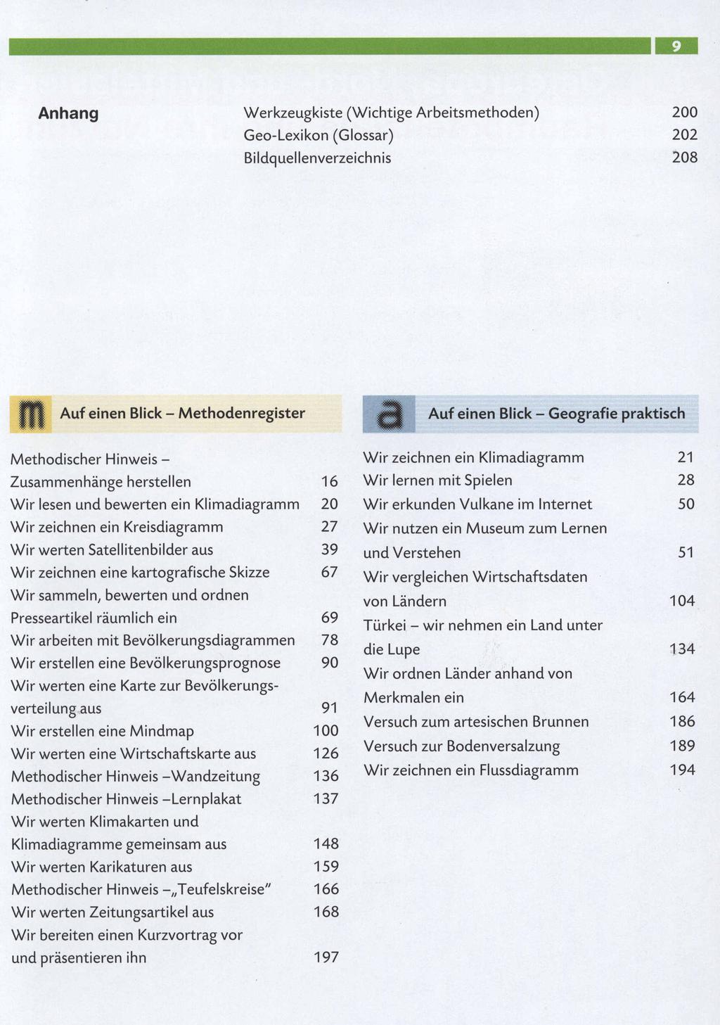 Anhang Werkzeugkiste (Wichtige Arbeitsmethoden) Geo-Lexikon (Glossar) Bildquellenverzeichnis 200 202 208 Auf einen Blick - Methodenregister a Auf einen Blick - Geografie praktisch Methodischer