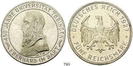 J.332. f.st 500,- 789 5 Reichsmark 1927, F. Uni Tübingen.