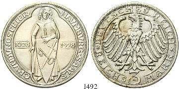 , vz-st 75,- 1499 3 Reichsmark 1929, A. Lessing. J.335.