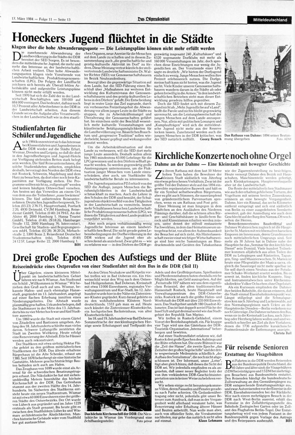 17. 1984 Folge 11 Seite 13 us Sfipnufitnblüti Mitteldeutschland Honeckers Jugend flüchtet in die Städte Klagen über die hohe Abwanderungsquote Die Leistungspläne können nicht mehr erfüllt werden Die