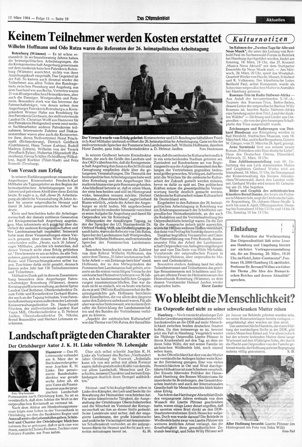 17. 1984 Folge 11 - Seite 19 os Efipnußrnblaii Aktuelles Keinem Teilnehmer werden Kosten erstattet C Kulturnotizen ) Wilhelm Hoffmann und Odo Ratza waren die Referenten der 26.
