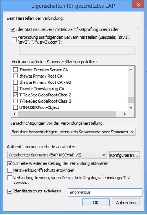 Dazu muss ein Haken sitzen vor Identität des Servers mittels Zertifikatprüfung überprüfen In der Liste der