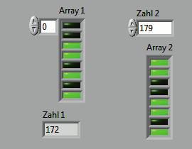 24 Grundlagen Bild 1.21 Menü Funktionen mit Booleschen Arrays (dritte Zeile) Bild 1.22 FP binaer-zahl.vi Bild 1.23 BD binaer-zahl.vi Die Elemente im Booleschen Array sind logische Werte (Bild 1.22).