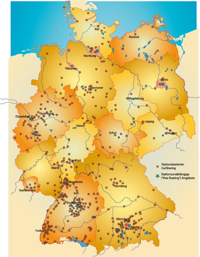 Verbreitung von Car- Sharing-Angeboten www.carsharing.de Gemeindegrößenklasse Anzahl Gemeinden Anzahl Gemeinden mit CarSharing-Angeboten > 100.000 Einw. 76 75 (98,7 %) 50.000 100.000 Einw. 106 64 (60,4 %) 20.