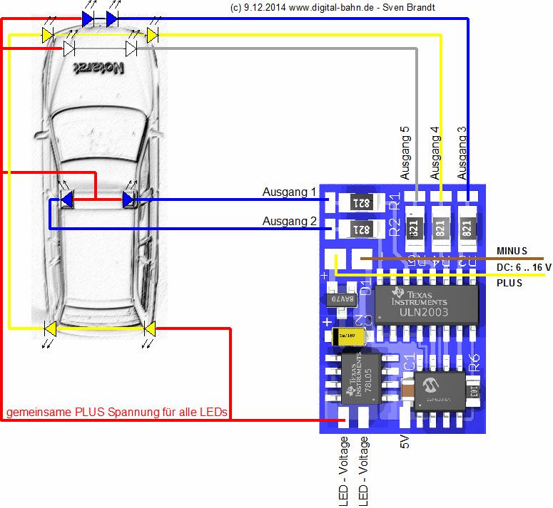 3.1 Verdrahtung Der Anschluss an die Platine hängt von jeweiligen Modell und verwendeten Blinkmuster ab. So können z.b. auch mehrere LEDs in Reihe an einen Ausgang geschaltet werden.