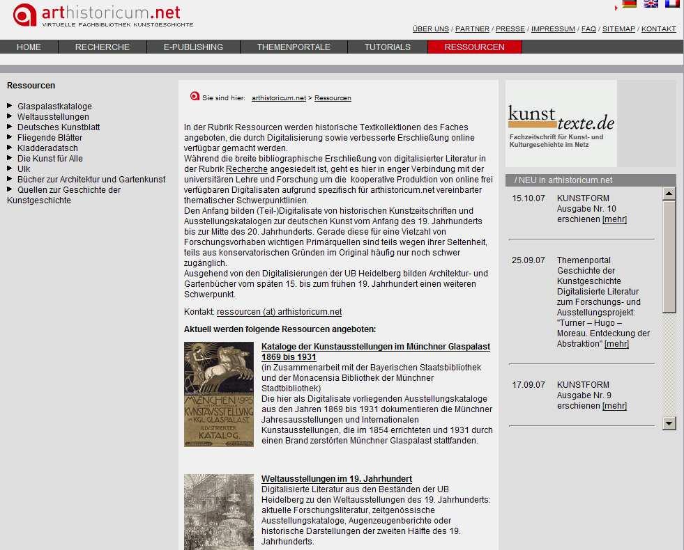 Screenshot: arthistoricum.net, Rubrik Ressourcen Im Bereich Recherche <http://www.arthistoricum.net/recherche/> von arthistoricum.