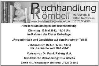 Einladung zur Weinprobe mit dem Weingut Gerhard Klein aus Hainfeld am 6.