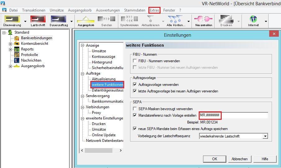3. Automatische Funktion Vorlagen für Mandatsreferenz festlegen Für die Mandatsreferenz können Sie unter Extras Einstellungen Aufträge weitere Funktionen eine Vorlage