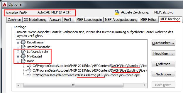 Während der mh-client-installation werden die mh-mep-kataloge dem MEP-Profil AutoCAD MEP (DACH) und falls abweichend zusätzlich dem Aktuellen -Profil zugewiesen.