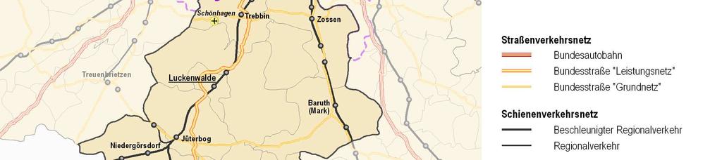 Durch den Landkreis führt die BAB 1, die infolge eines kontinuierlichen Ausbaus des Bundesstraßennetzes (Blaues Netz); wie z. B. die Ortsumfahrung Luckenwalde, nunmehr von allen Zentralen Orten des Kreises in weniger als 3 Minuten erreichbar ist.