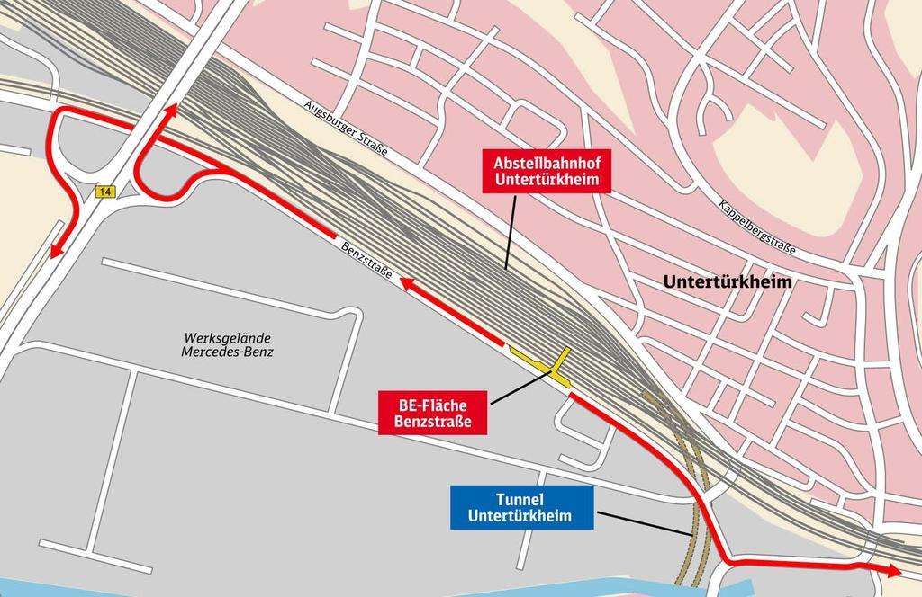 Bauablauf: BE-Fläche Benzstraße BE-Fläche Benzstraße: Dient der Ver- und Entsorgung des Baus der Zuführungsstrecke Richtung Stuttgart Hauptbahnhof, einschließlich der