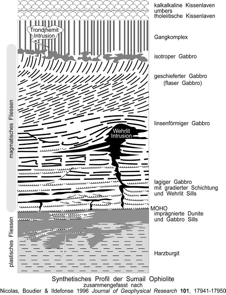 197 Kruste Die krustale Abfolge ist ca. 4 bis 9 km mächtig. Sedimente Die oberste sedimentäre Schicht besteht aus pelagischen Tiefwasserablagerungen, z.b. radiolaritischen Hornsteinen, Karbonat-Lutiten (calcilutite), roten Argilliten und untergeordnet vulkanischem Material.