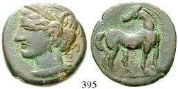 395 Bronze 22 mm 221-210 v.chr. 7,23 g. Kopf der Tanit l. mit Ährenkranz / Pferd r., mit zurückgewandtem Kopf. SNG Cop.345.