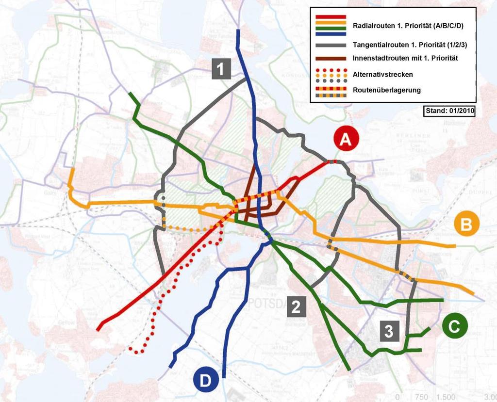 Radverkehrsstrategie von Potsdam Vorgehen entsprechend Radverkehrsstrategie: Konzentration auf zentrale prioritäre Routen ( Routen mit hoher Verbindungsfunktion ).