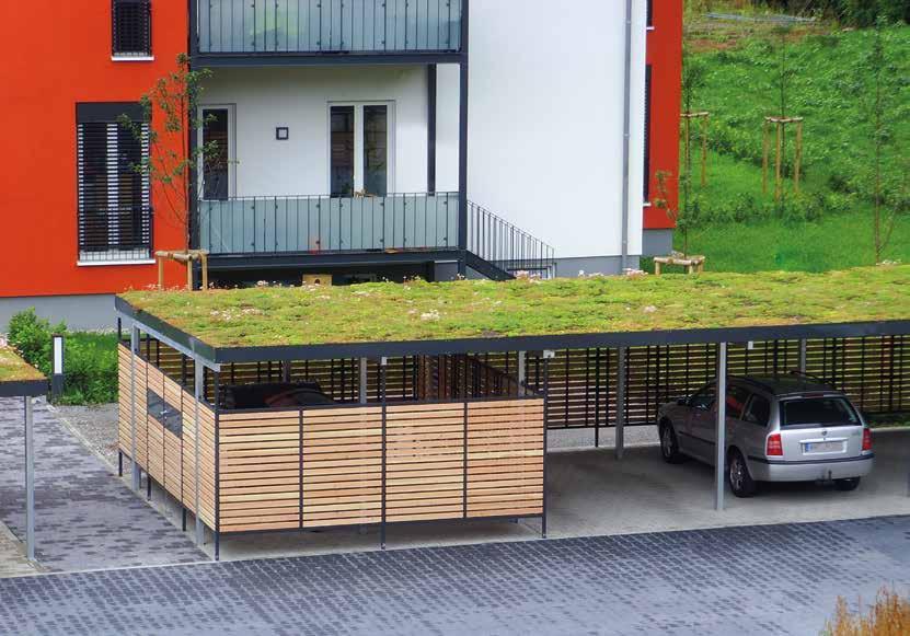 Wir verwenden für die Begrünung unserer Einhausungen und Carports ein Sedum- Substrat, das speziell auf die Funktion als Dachbegrünung