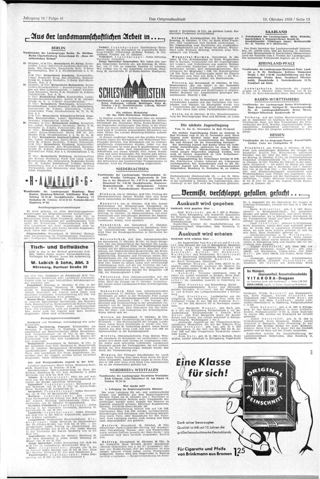Jahrgang 10 / Folge 41 Das Ostpreußenblatt 10. Oktober 1959 / Seite 13 &14 der. Innöömannfrfiofthrfien 3t6eii in.. BERLIN Vorsitzender der Landesgruppe Berlin: Dr.