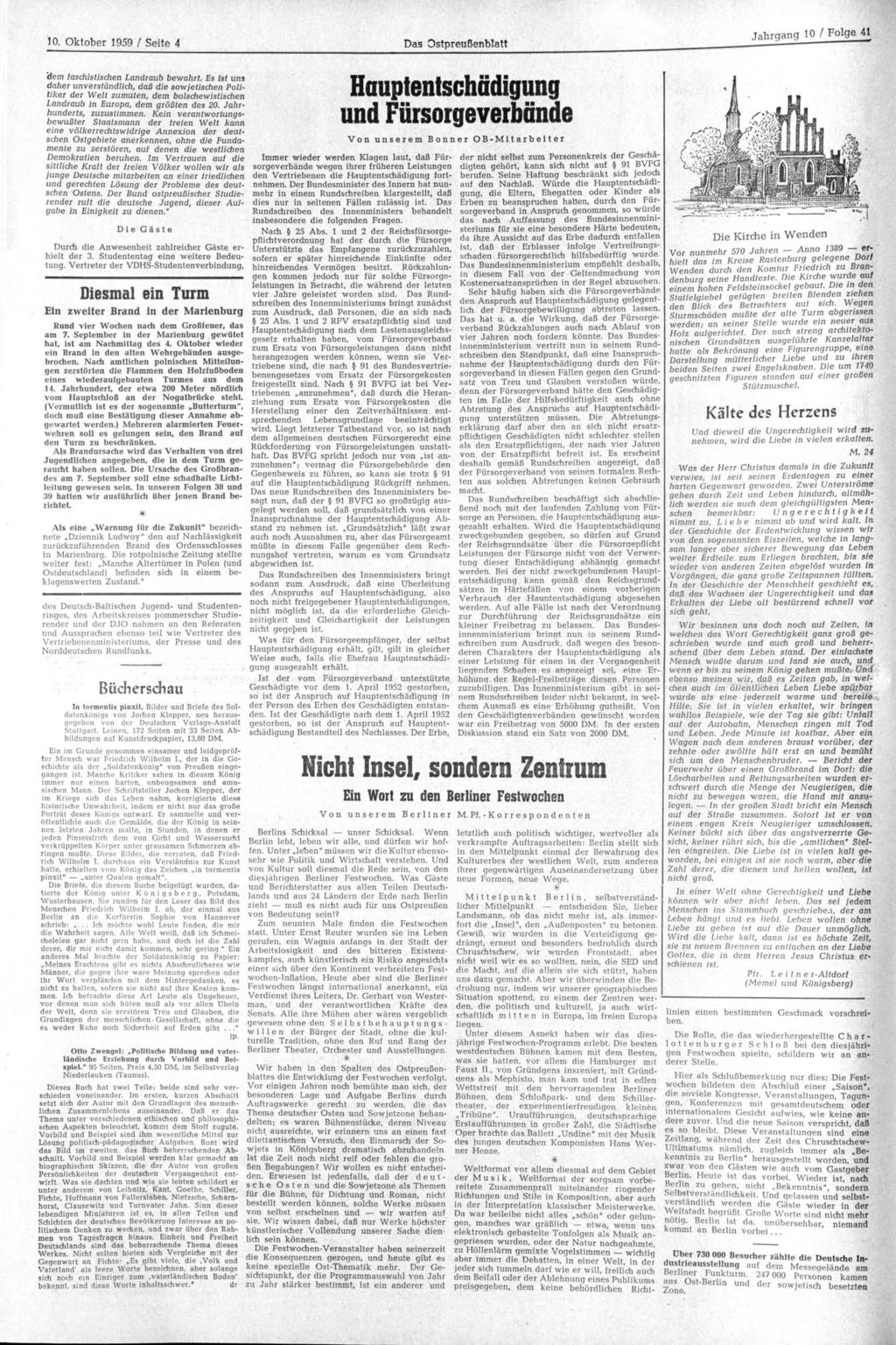 '10. Oktober 1959 / Seite 4 Das Ostpreußenblatt Jahrgang 10 / Folge 41 «fem faschistischen Landraub bewahrt.
