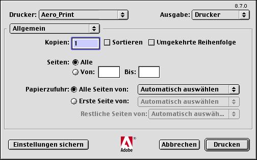 Öffnen Sie im nachfolgenden Dialogfenster das Menü Seitenformat. Wählen Sie den Fiery EX2101 als aktuellen Drucker.