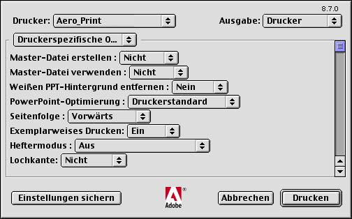 2-5 Drucken unter Mac OS 9 (oder früher) bzw. Mac OS X (Classic-Modus) 8. Öffnen Sie die Seite Druckerspezifische Optionen und legen Sie die Einstellungen für Ihren Druckauftrag fest.
