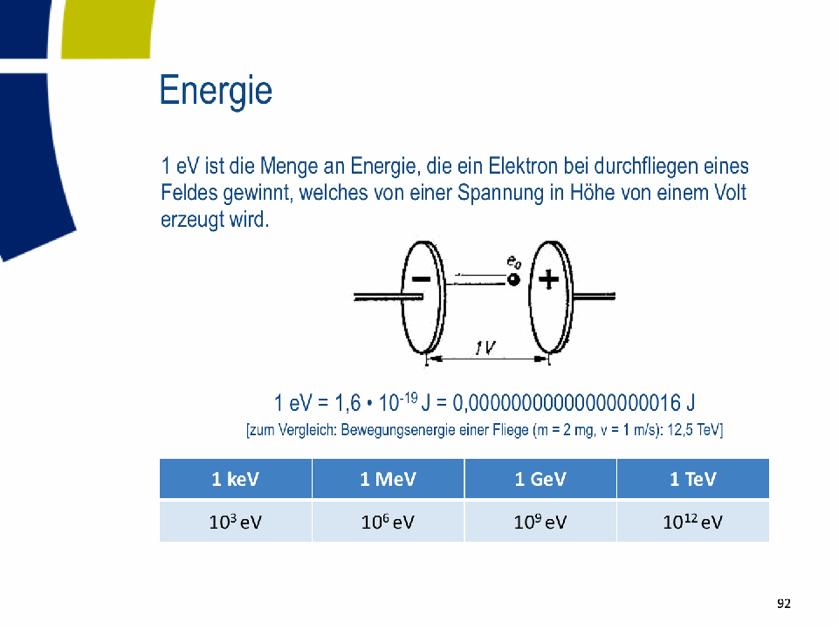 Elektronenvolt 1 ev ist die Energie, die ein Elektron gewinnt, wenn es eine Spannung von 1 Volt durchfliegt.