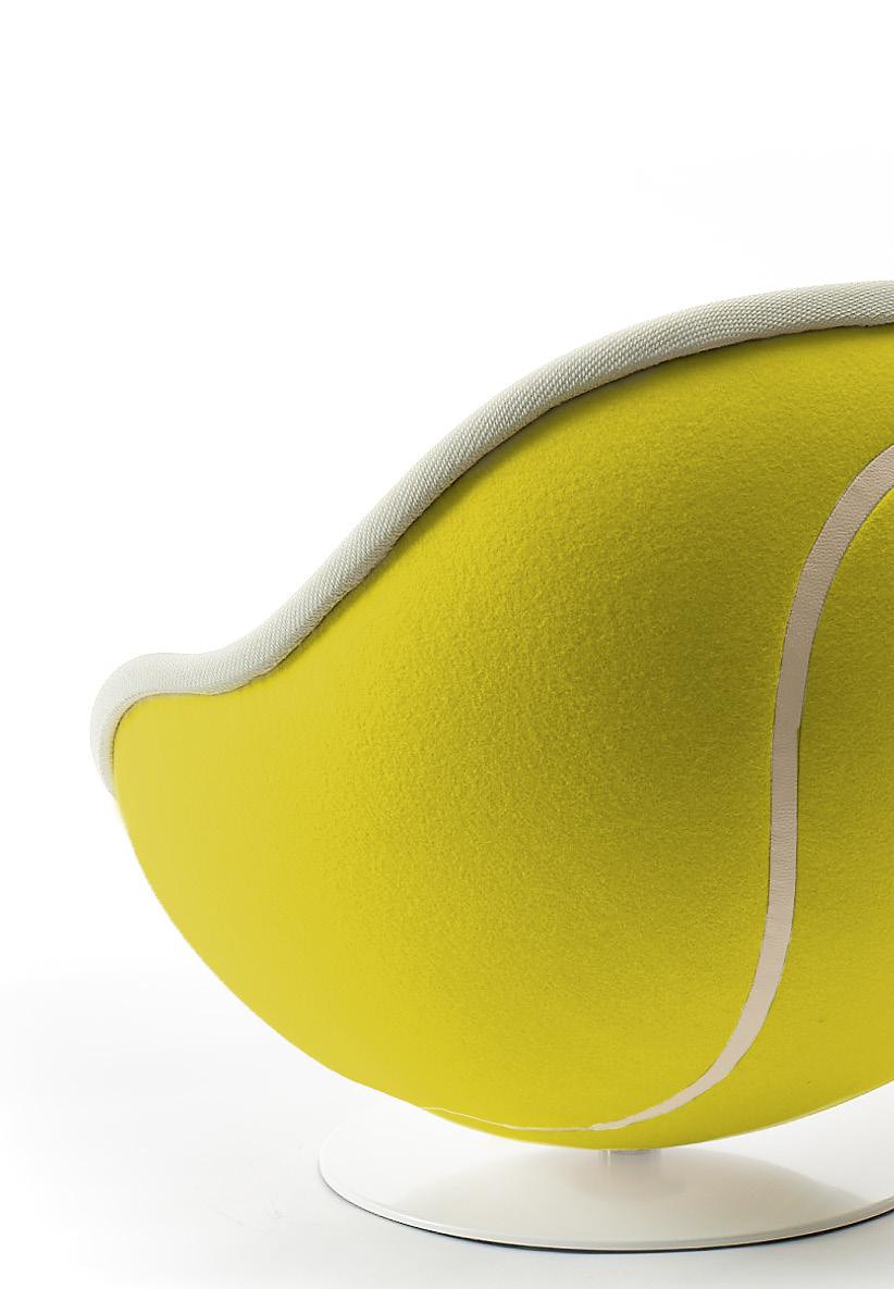 Sesselschale innen 3D-Komfortstrick 100% Polyester FR schwer entflammbar Farbe creme Sesselschale außen hochwertiger Wollfilz Farbe gelb 100 % neuseeländische Wolle kombiniert mit Textillederstreifen