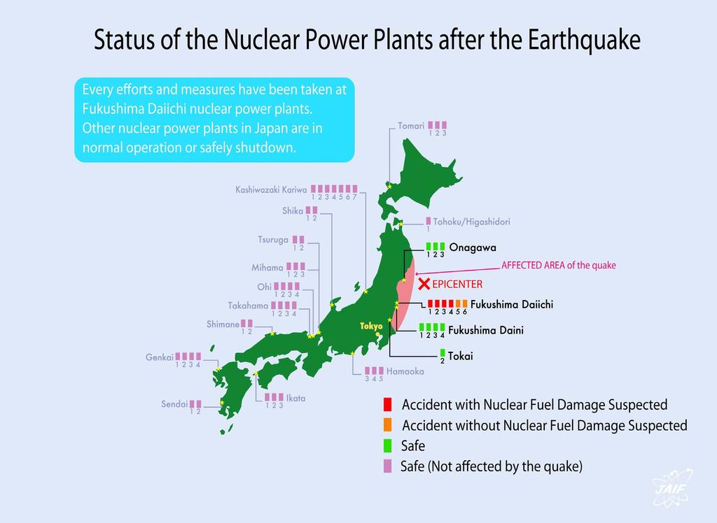 Wie stark ist Japan von der Kernenergie abhängig? Bild 1: Kernkraftwerke in Japan und Schadenzone des Tsunami.