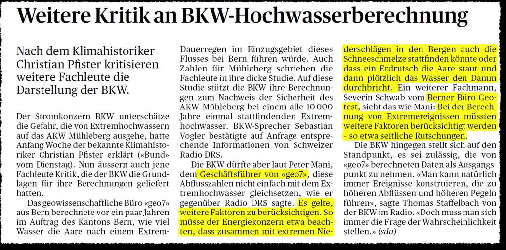 Mühleberg - Gefährdungsannahme Ursprünglicher, ausführlicher Bericht von Schweizer Radio DRS, 20.7.