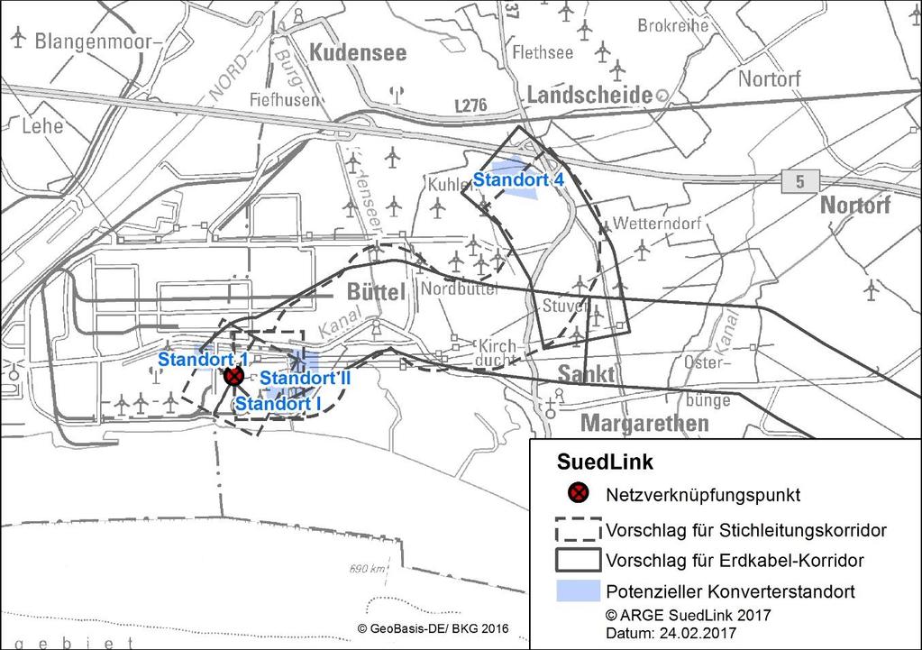 Kapitel 5: Trassenkorridorfindung A100_ArgeSL_P6_V3_0002 Abbildung 7: Auswahl potenzieller Konverterstandortflächen mit DC-Erdkabelanbindung und Stichleitungstrassenkorridoren an den NVP Brunsbüttel