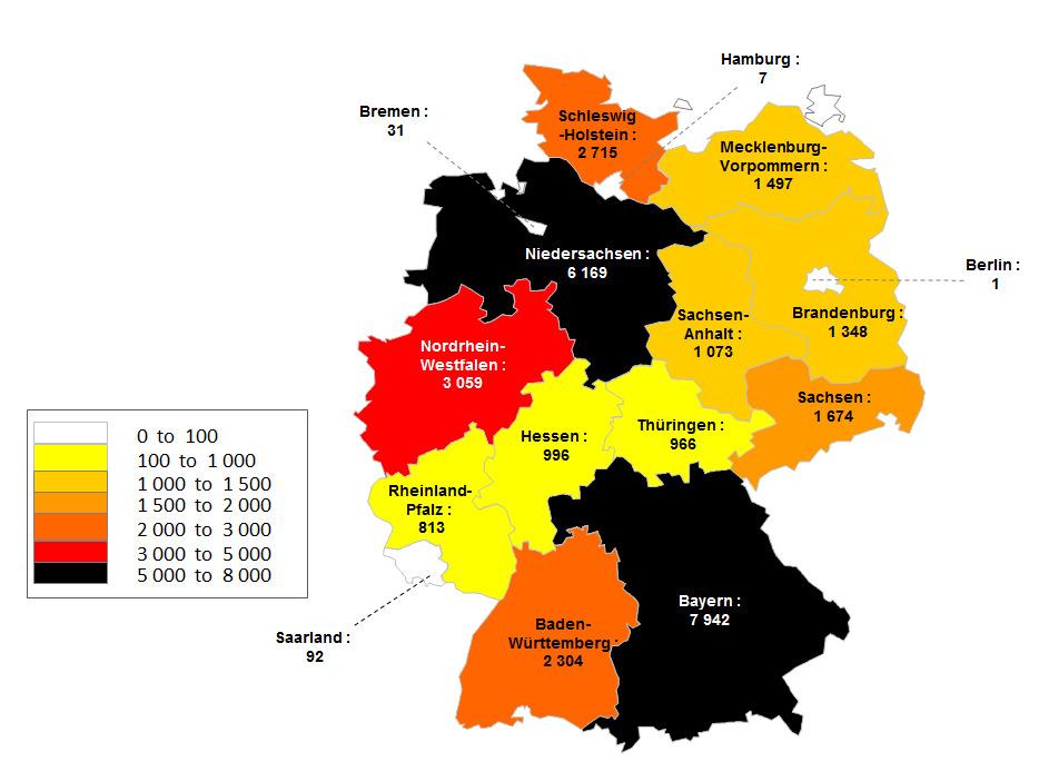 German Milk Production 2011 2012 % evolution Bayern 7 931.000 7 941.500 + 0.1% Niedersachsen 5 999.400 6 169.300 + 2.8% Nordrhein-Westfalen 3 048.700 3 058.700 + 0.3% Schleswig-Holstein 2 664.