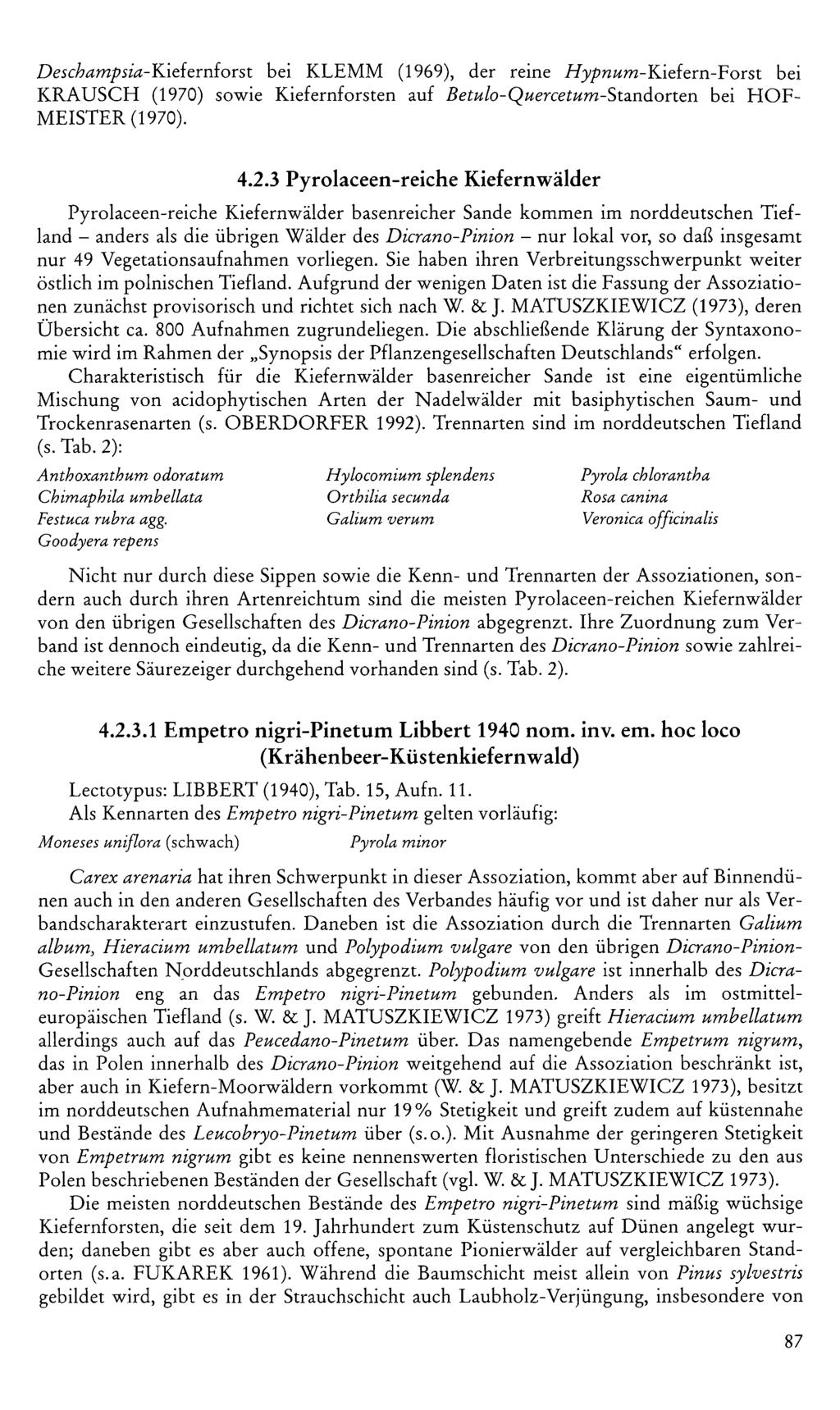 Deschampsia-Kiefernforst bei KLEMM (1969), der reine //yprc^m-kiefern-forst bei KRAUSCH (1970) sowie Kiefernforsten auf Betulo-Quercetum-Standorten bei HOF MEISTER (1970). 4.2.