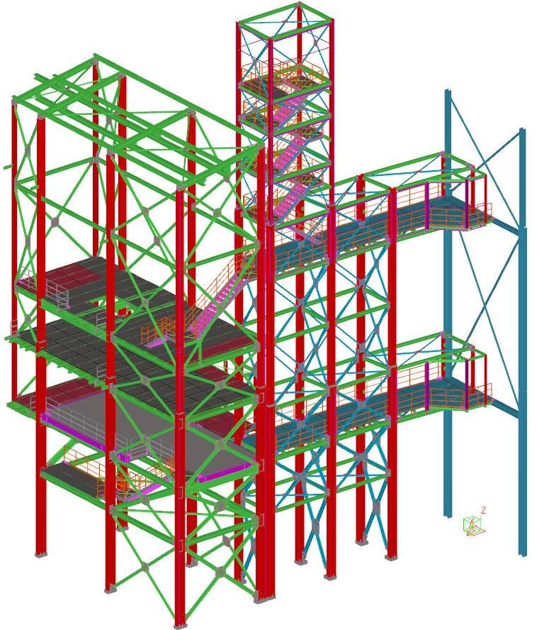 Laroxturm mit Übergang Nabaltec AG STS Stahltechnik GmbH ca. 200 t Der Laroxturm ist eine Stahlkonstruktion mit etwa 28,50m Höhe und der Grundfläche von ca. 18,0 x 7,0m.