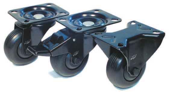Elastik-Möbelrollen SERIE LX/EKR BX/EKR Stahlblechgehäuse, schwarz beschichtet( X). Schwenklager mit zweifachem Kugelkranz, Radachse verschraubt. Radkörper aus Polyamid 6 schwarz mit Rollenlager.